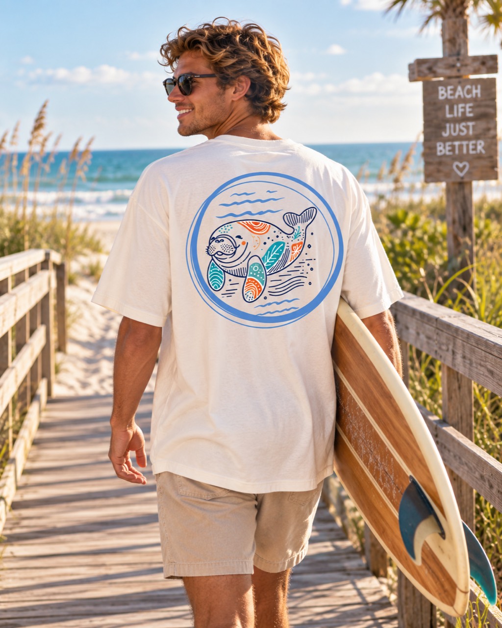 Frickin Breezy manatee graphic on a beach T-shirt