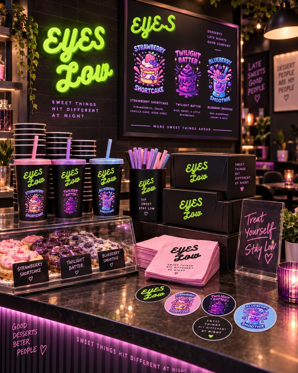 Eyes Low dessert shop identity environment