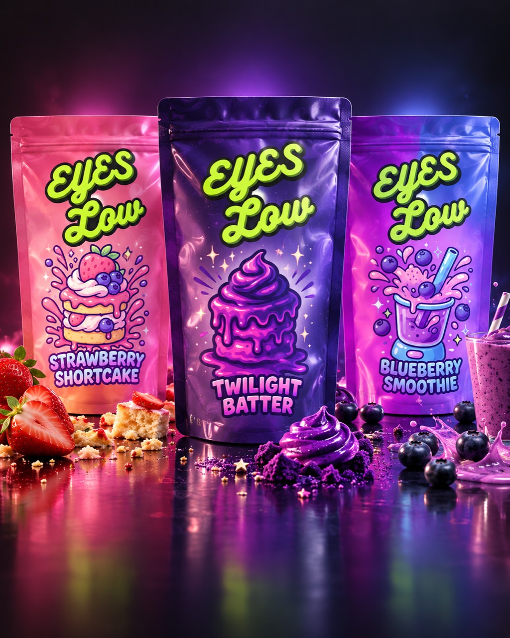 Eyes Low strawberry, twilight batter, and blueberry packaging