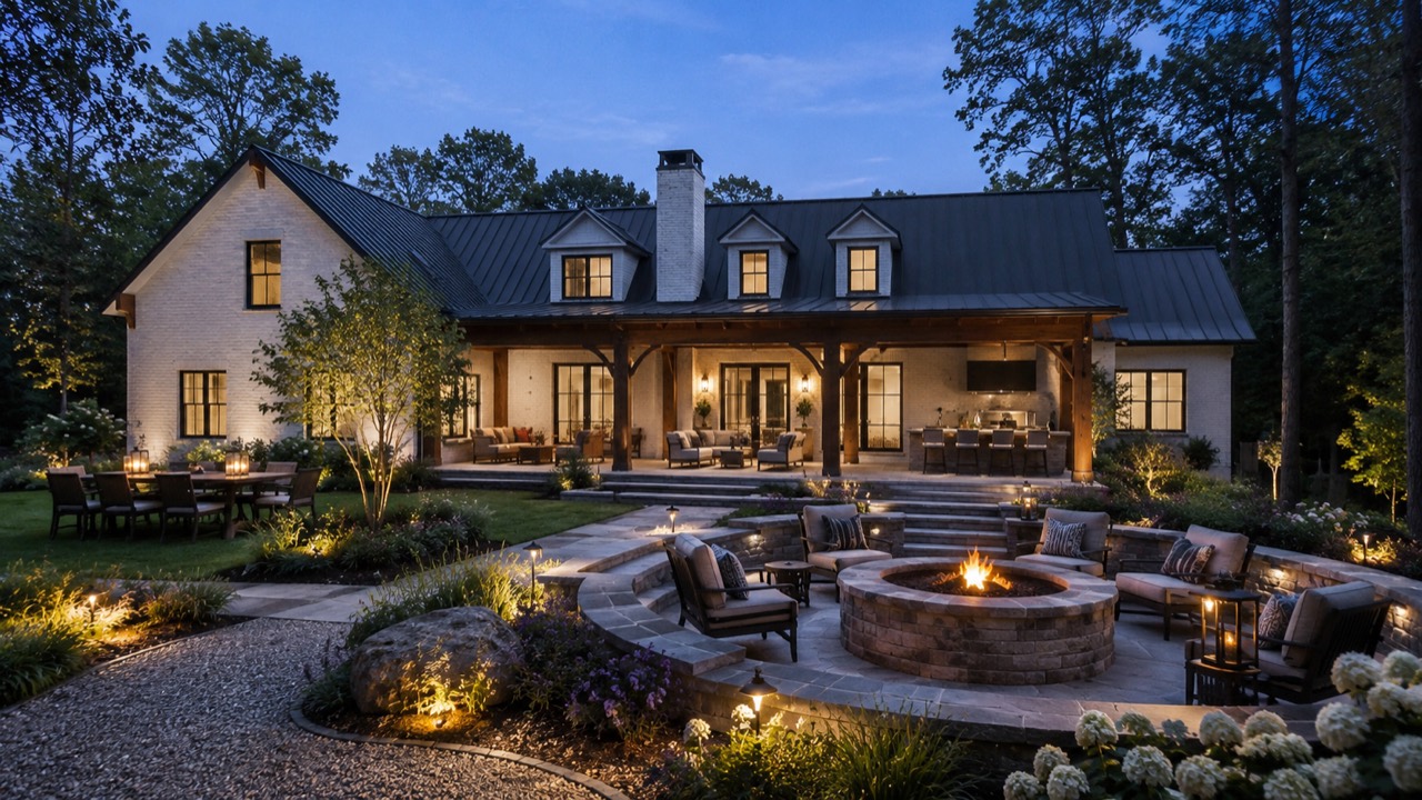 Evening rear terrace and firepit visualization at Canopy Residence