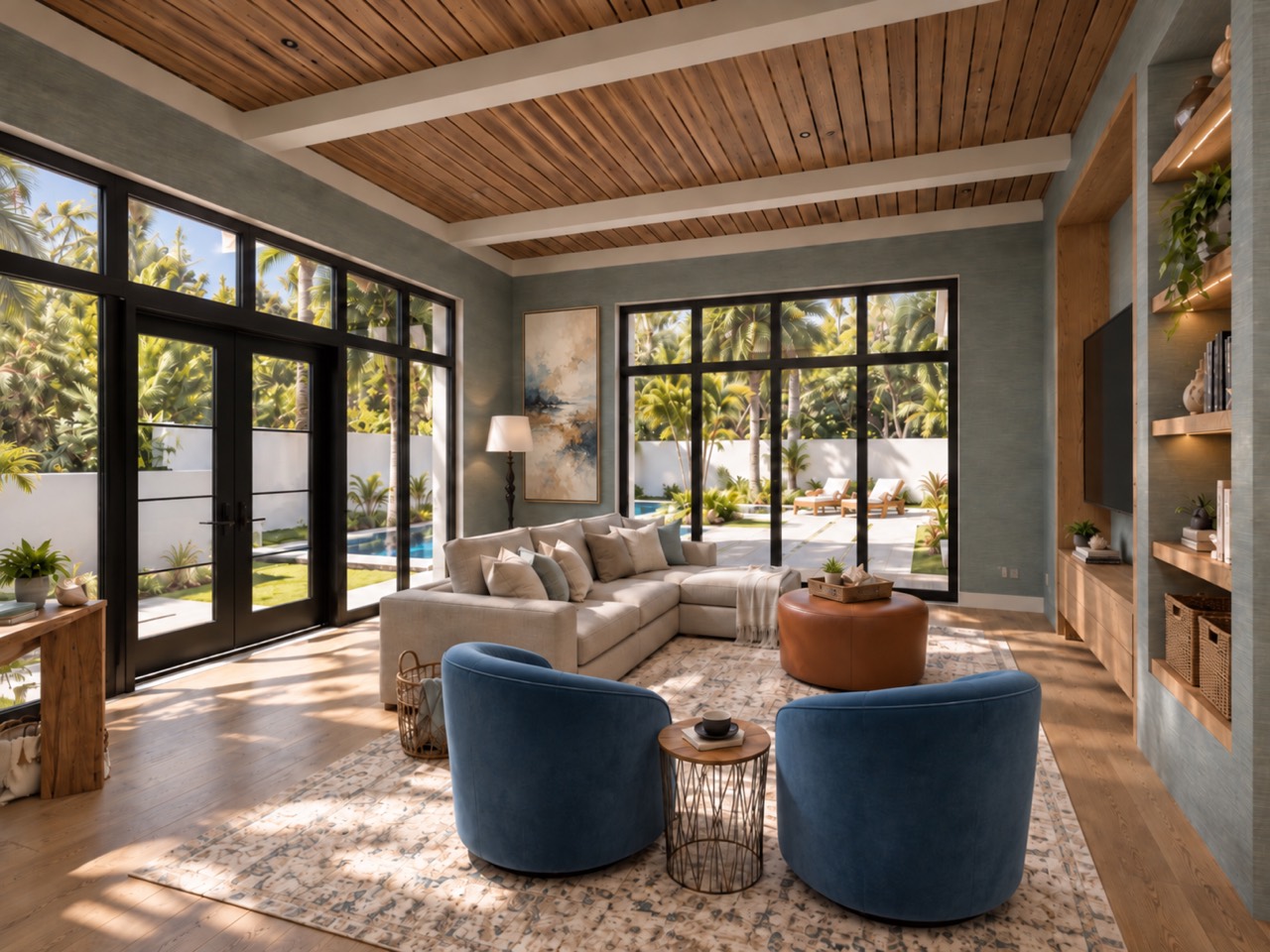 Warm coastal living room visualization with wood ceiling and garden views