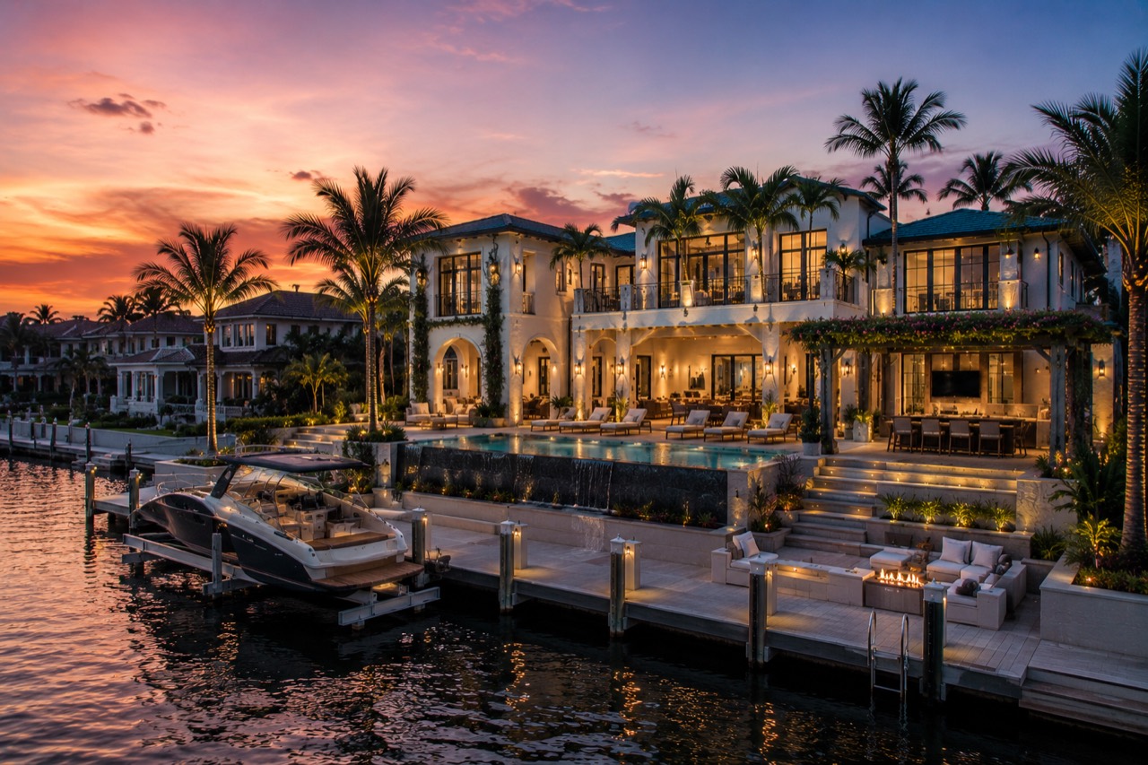 Cinematic waterfront estate visualization at sunset with illuminated terraces and a private dock