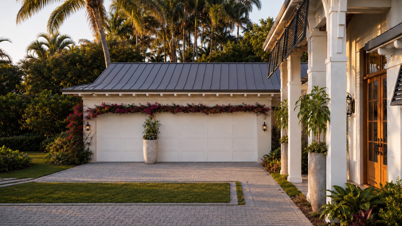 Garage, entry, and tropical landscape detail at Green Tree Residence