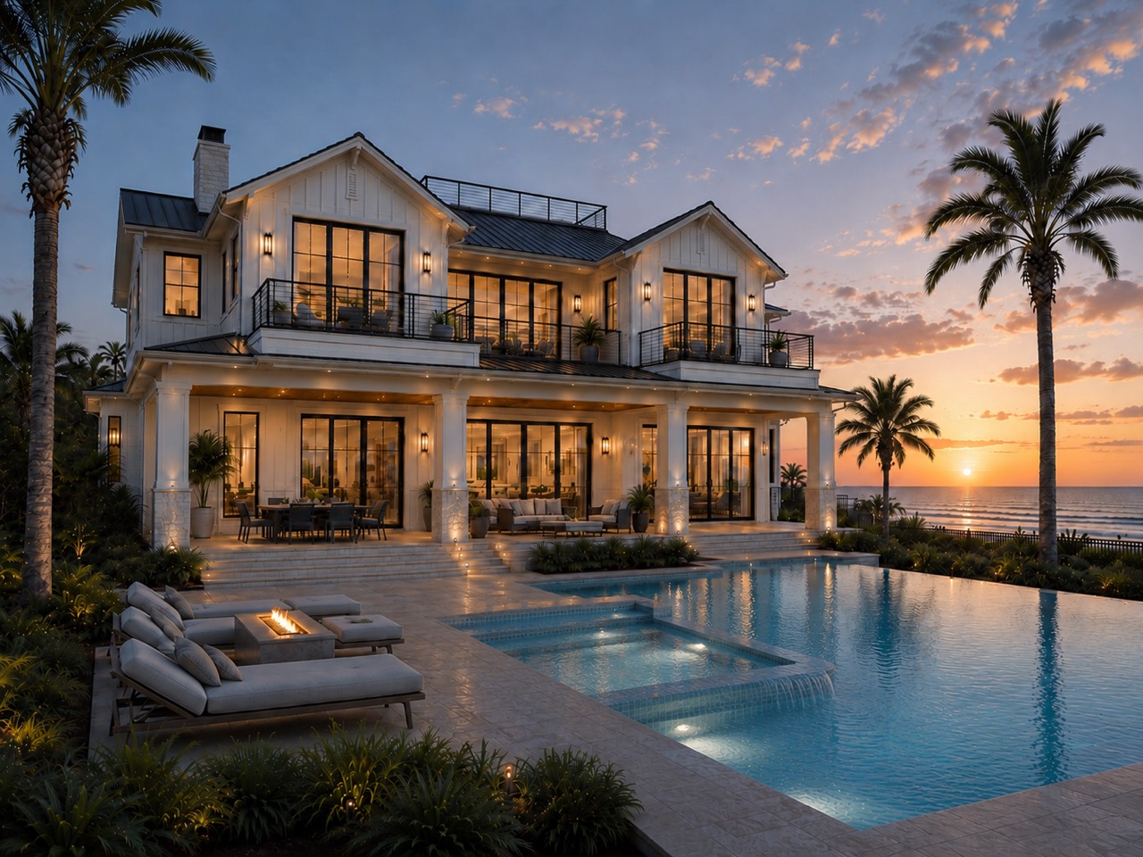 Oceanfront pool terrace visualization at Gulfview Residence during sunset