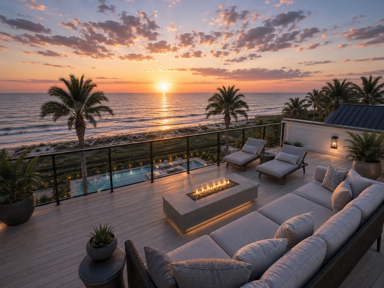 Rooftop lounge visualization overlooking the Gulf at sunset