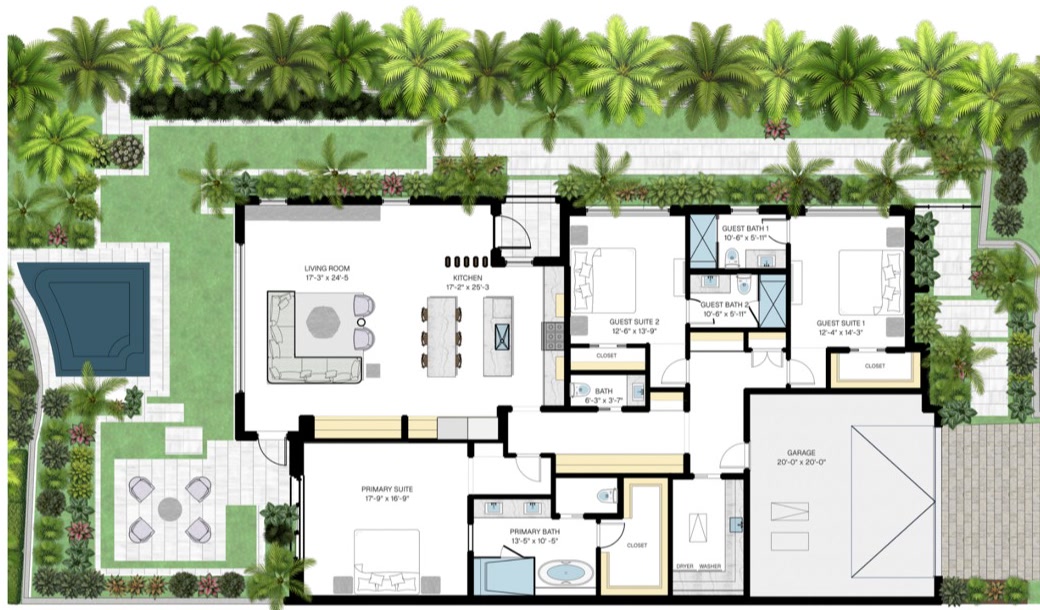 Rendered presentation floor plan for Las Brisas with pool, terraces, and tropical landscape context