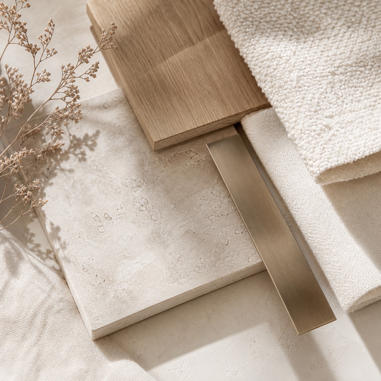 Natural stone, oak, brushed brass, and textile material palette
