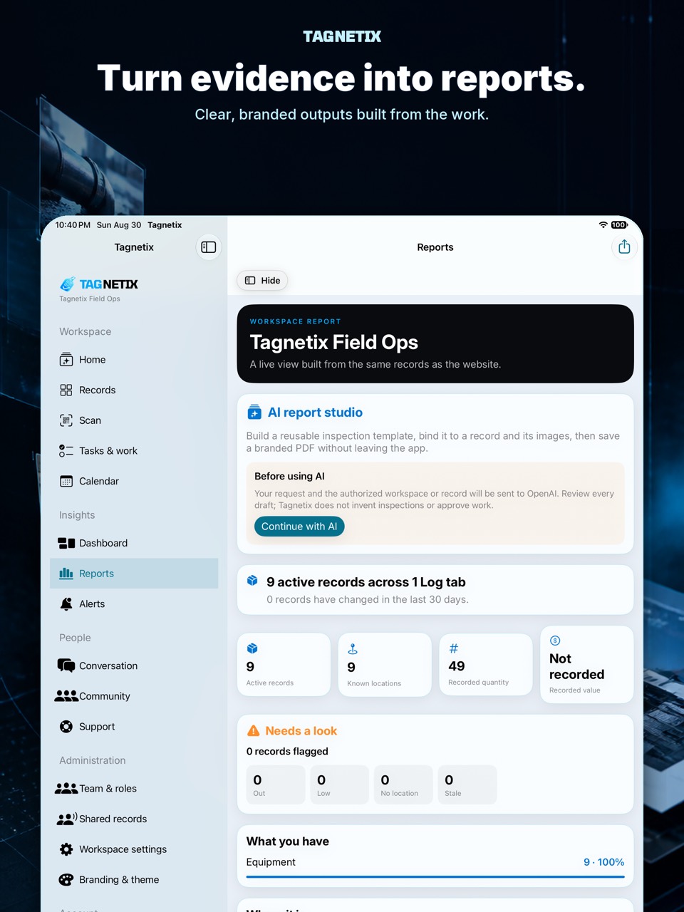 Tagnetix AI report studio interface