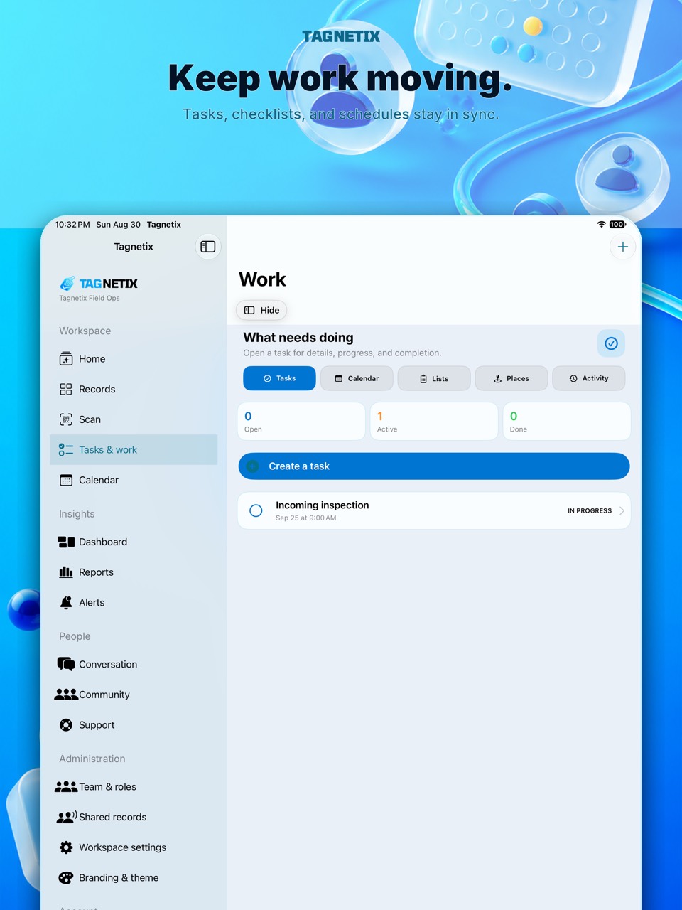 Tagnetix tasks and work interface with schedules and checklists